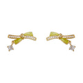 Gold Bow Lime Green Enamel Stud Earrings CZ Dangle Pair view 5