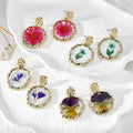 Gold Tone Round Birth-Flower Pressed Botanical Drop Earrings in Nineteen Designs view 2
