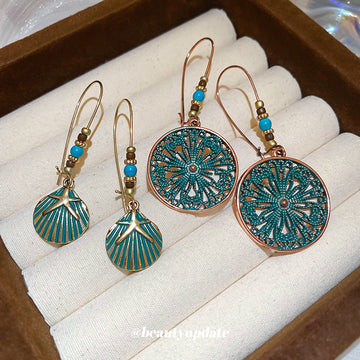 Green Patina Openwork Floral Disc Statement Hook Earrings