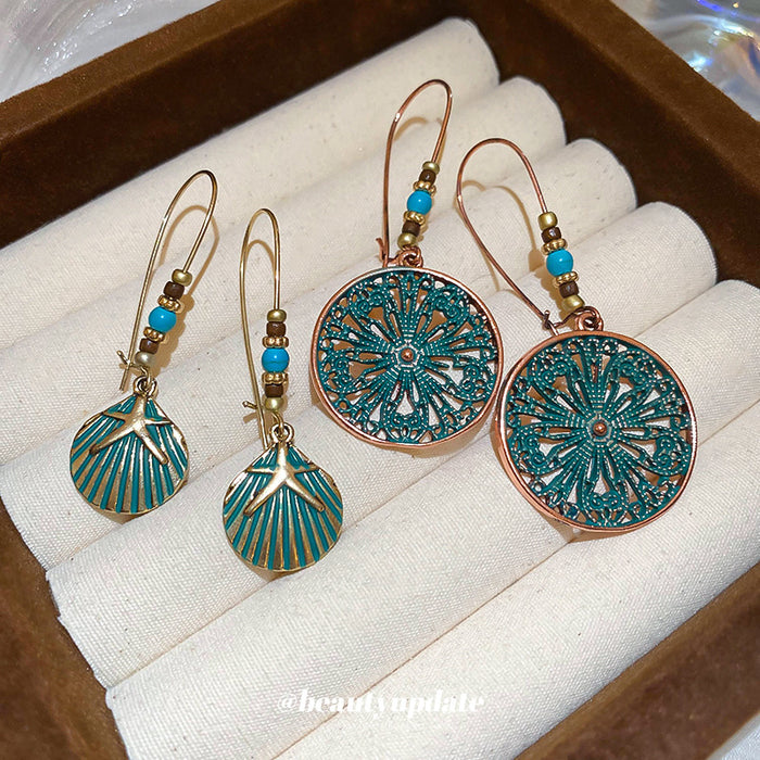 Green Patina Openwork Floral Disc Statement Hook Earrings