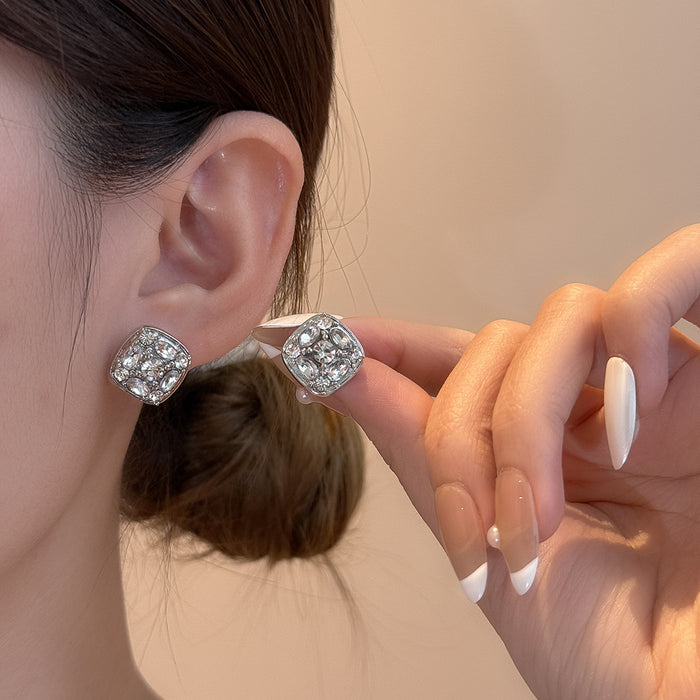 Silver Square Crystal Look Cluster Statement Stud Earrings