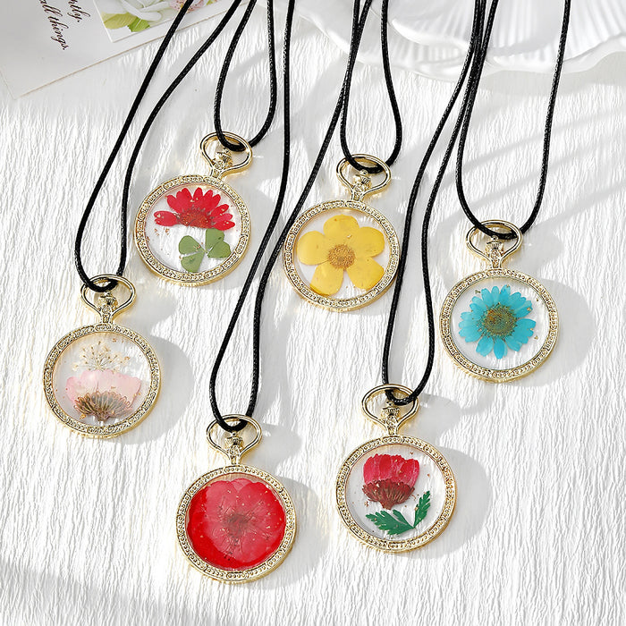 Gold Tone Round Pressed Flower Pendant Necklaces in Six Designs