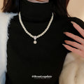 Pearl Bead Necklace Pavé Teardrop Pendant White Gray view 2