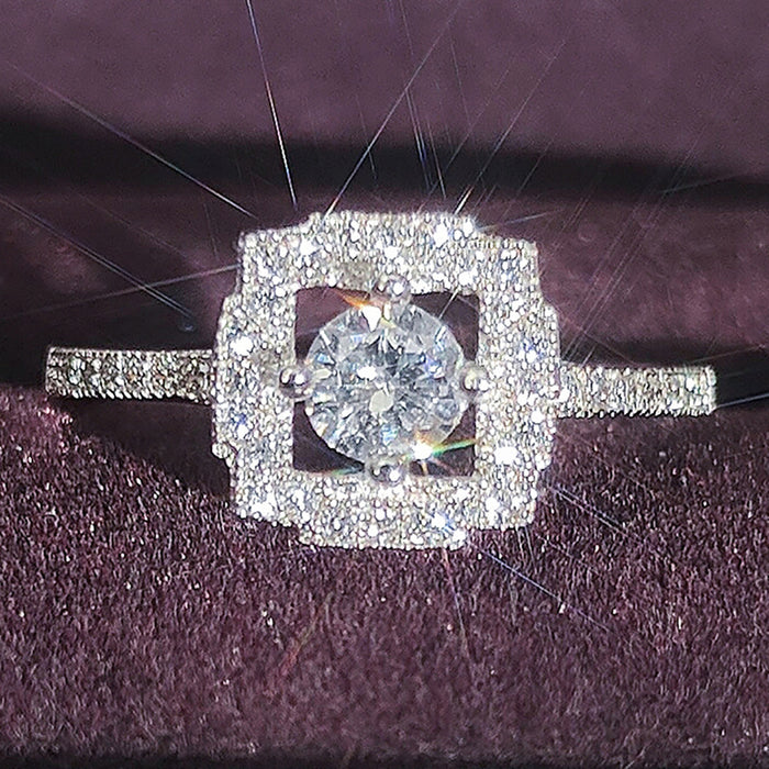 Silver Tone Square Halo Crystal Ring with Polished Metal Finish
