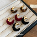 Velvet C Hoop Stud Earrings in Black Leopard and Burgundy view 3