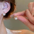 Gold Tone Teardrop Frame Pearl Stud Earrings for Women view 2