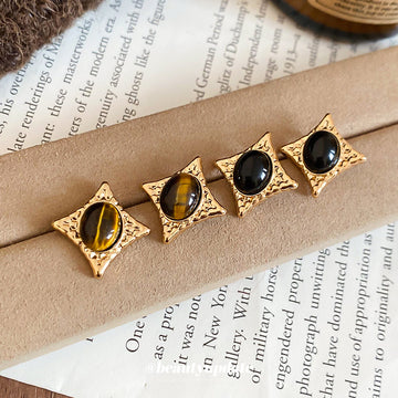 Gold Starburst Oval Stone Stud Earrings Statement Jewelry