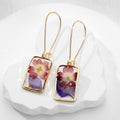 Gold Tone Rectangular Pressed Flower Resin Long Drop Earrings view 7