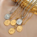 Oval Embossed Flower Pendant Necklaces Gold Steel Figaro Rope view 3