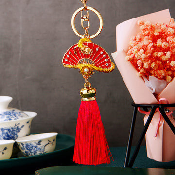 Red Enamel Dragon Fan Tassel Keychain with Gold Tone Hardware
