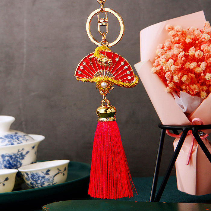 Red Enamel Dragon Fan Tassel Keychain with Gold Tone Hardware