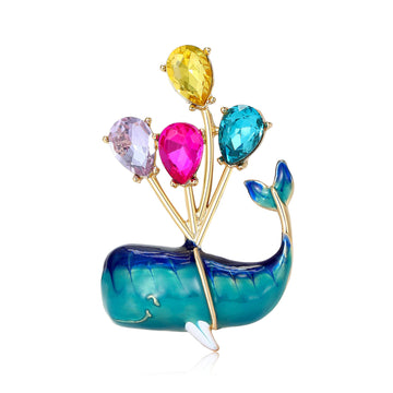 Blue Enamel Whale Brooch Carrying Colorful Crystal Balloons