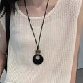 Black Ring Gray Wood Disc Cord Pendant Necklace Piece view 4