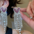 Crystal Heart Fringe Earrings in Pink Silver and Red view 4