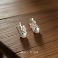 Silver Flower Vase Stud Earrings Pink Enamel Leaf Pair view 4