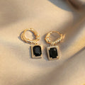 Gold Tone Black Rectangle Drop Hoop Earrings with Polished Metal Finish view 3
