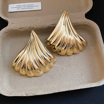 Large Pleated Fan Stud Earrings in Gold or Silver Tone