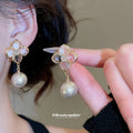 Clear Crystal Flower and Gray Pearl Drop Stud Earrings view 2