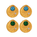 Gold Round Embossed Stud Earrings Green Or Blue Stone view 5