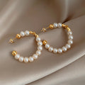Gold Tone Beaded Pearl Hoop Earrings with Floral Accent view 2