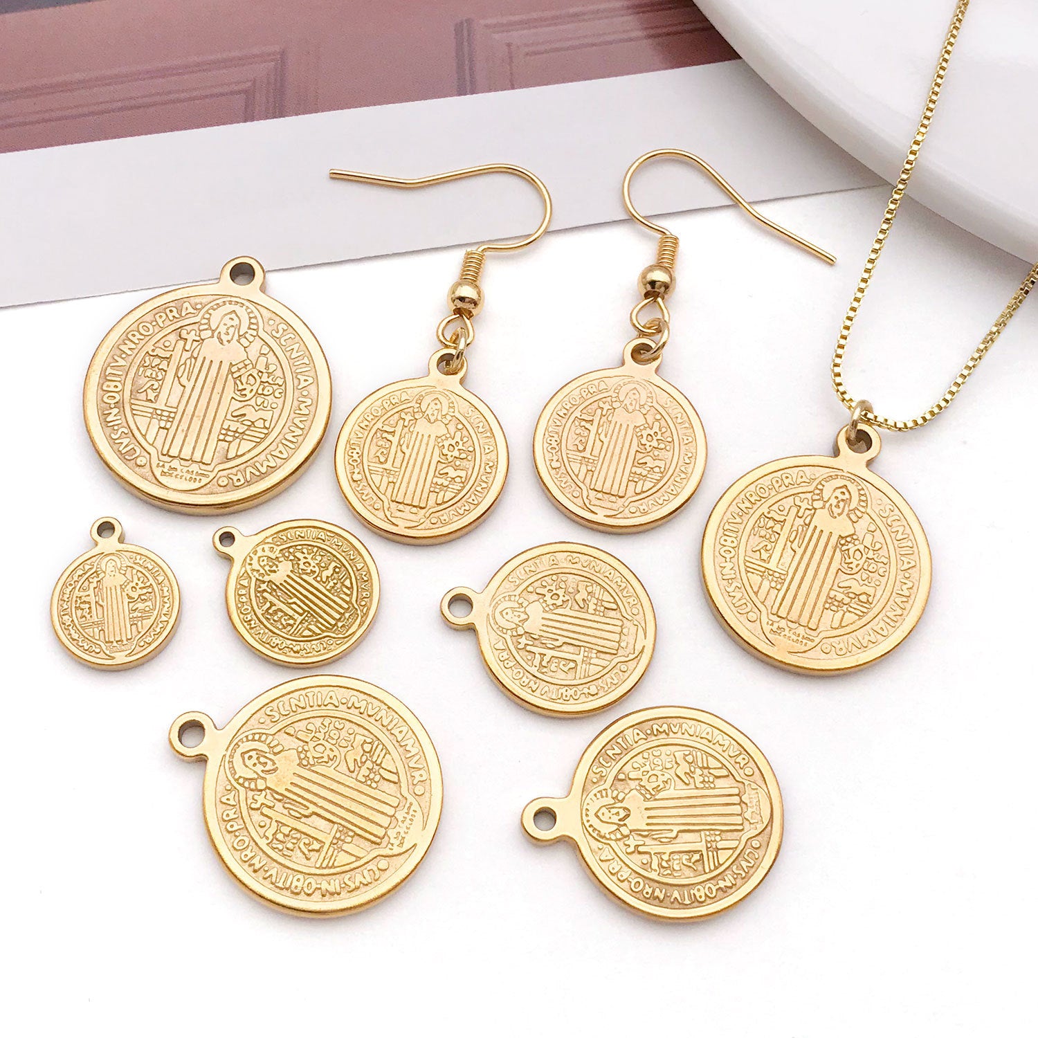 Gold Stainless Steel Round Cross Tag Charm Pendant for DIY Bracelet Necklace Jewelry