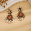 Antique Gold Red Teardrop Pearl Fringe Floral Stud Earrings view 3