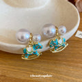 Pearl and Blue Enamel Rocking Horse Stud Earrings Jewelry Design view 4