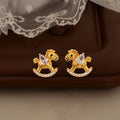 Gold Tone Colorful Crystal Rocking Horse Stud Earrings view 1
