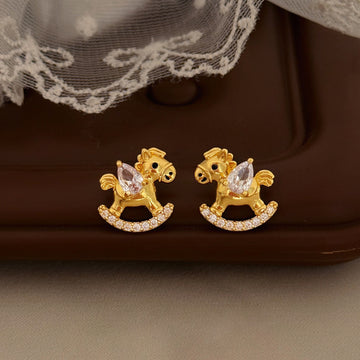 Gold Tone Colorful Crystal Rocking Horse Stud Earrings