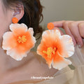 White And Orange Fabric Flower Statement Stud Earrings view 3