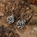 Antique Silver Rose Flower Drop Earrings Fishhook Pair Metal view 3