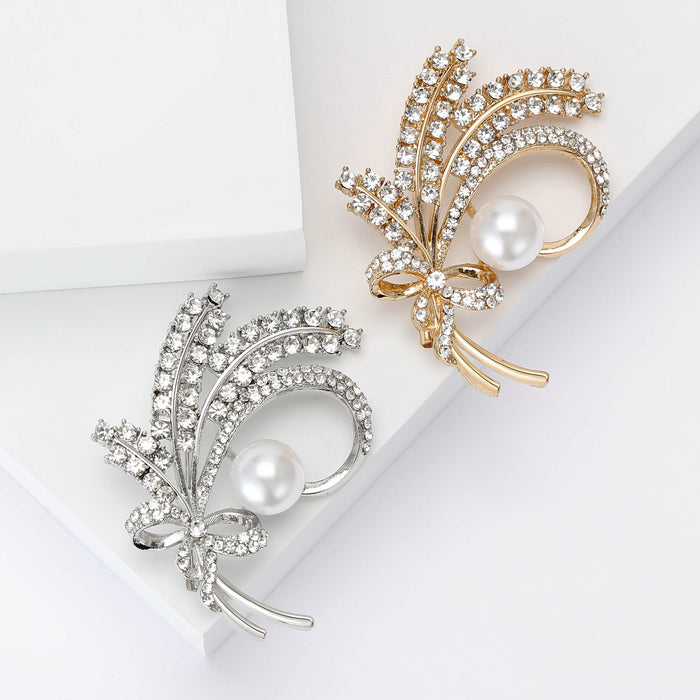 Rhinestone Wheat Pearl Bow Brooch Silver Gold Metal Pin