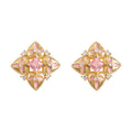 Gold Diamond Shape Pink CZ Floral Petal Stud Earrings view 5