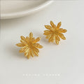 Gold Textured Wheat Leaf Radial Starburst Stud Earrings view 1
