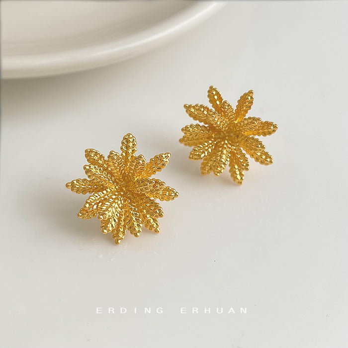 Gold Textured Wheat Leaf Radial Starburst Stud Earrings