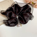 Black Satin Sheer Edge Scrunchie With Pearl Like Drop view 6