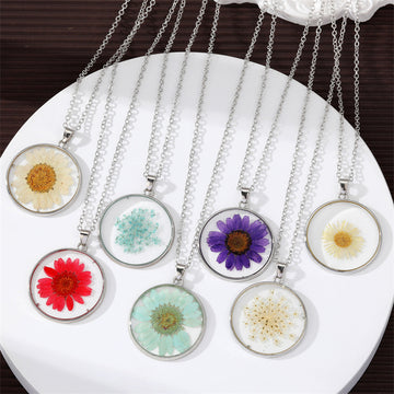 Seven Design Silver Tone Round Resin Pressed Flower Pendant Necklaces