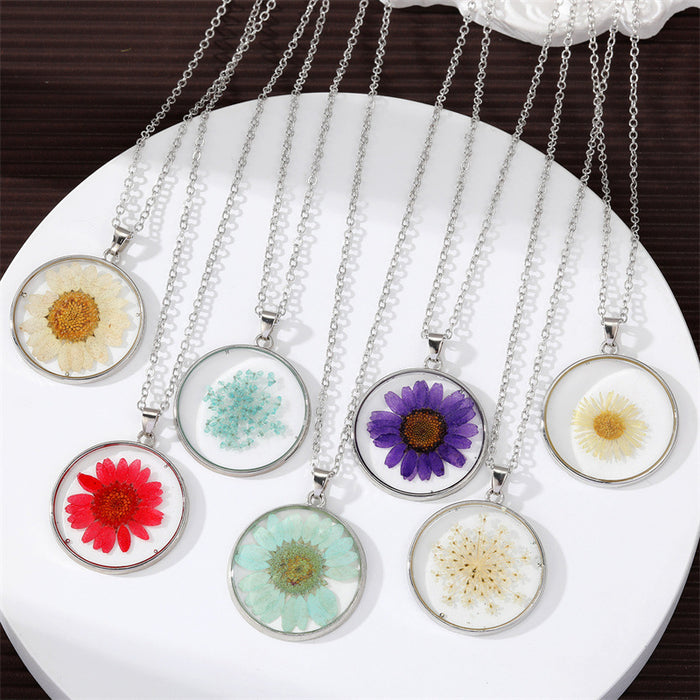 Seven Design Silver Tone Round Resin Pressed Flower Pendant Necklaces