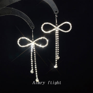 Silver Rhinestone Bow Dangle Earrings Dual Crystal Chains