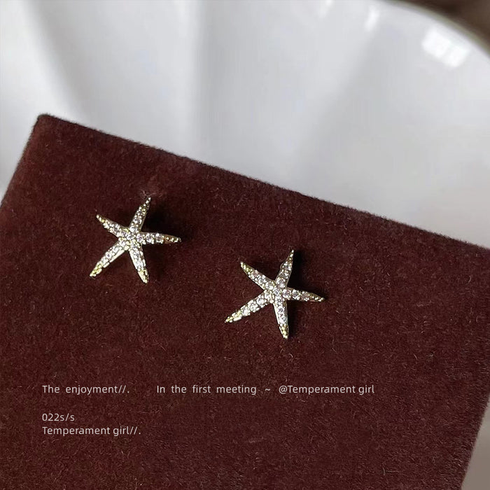 Gold Tone Clear Stone Starfish Stud Earrings For Women