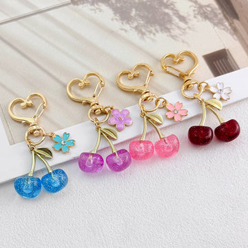 Glitter Resin Cherry Charm With Enamel Flower Accent