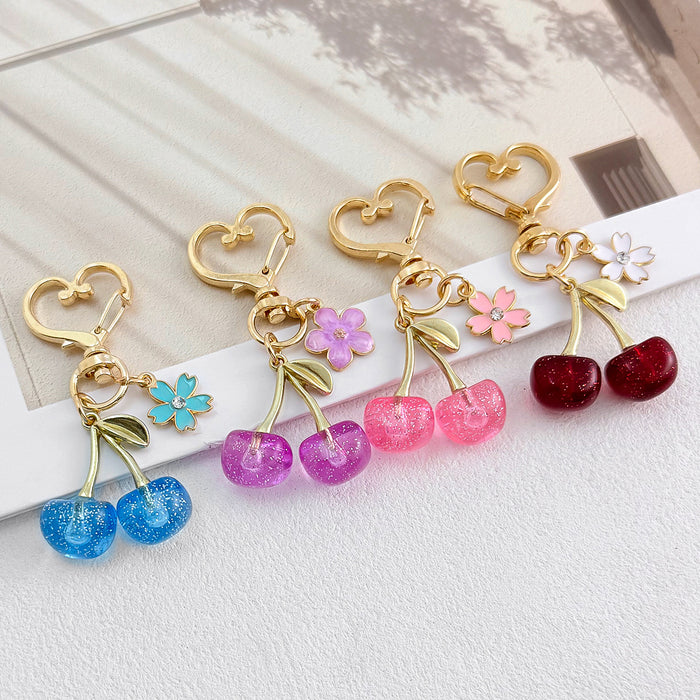 Glitter Resin Cherry Charm With Enamel Flower Accent