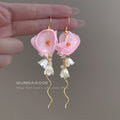 Gold Tone Pink Flower White Blossom And Long Wire Hook Earrings view 3