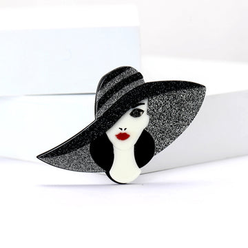 Black Glitter Wide Hat Woman Acrylic Brooch Red Lips