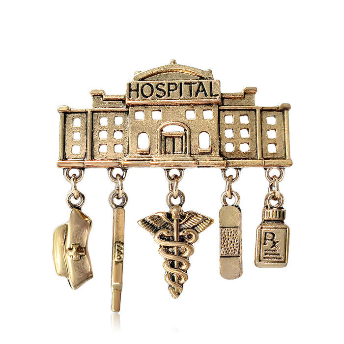 Hospital Building Brooch With Five Medical Charm Drops