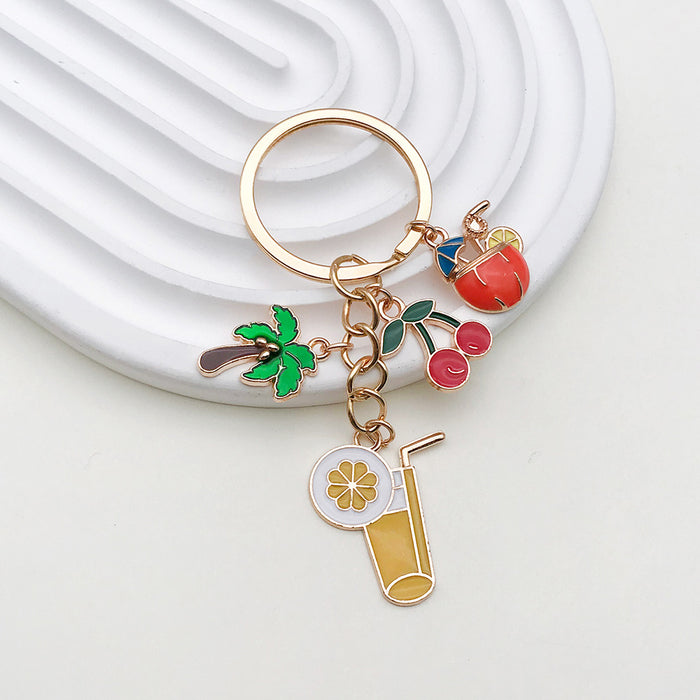 Fruit Drink Cup and Lemon Slice Charm Keychain with Metal Hardware