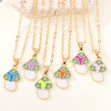 Gold Tone Floral Enamel Mushroom Pendant Necklaces in Six Colors