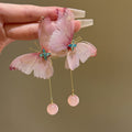 Pink Fabric Butterfly Earrings With Long Bead Drop Tassels view 1