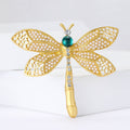 Gold Pearl Dragonfly Brooch Teal Cabochon Openwork Wings view 1