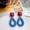 Red Square and Blue Open Teardrop Earrings With Metal Details view 1